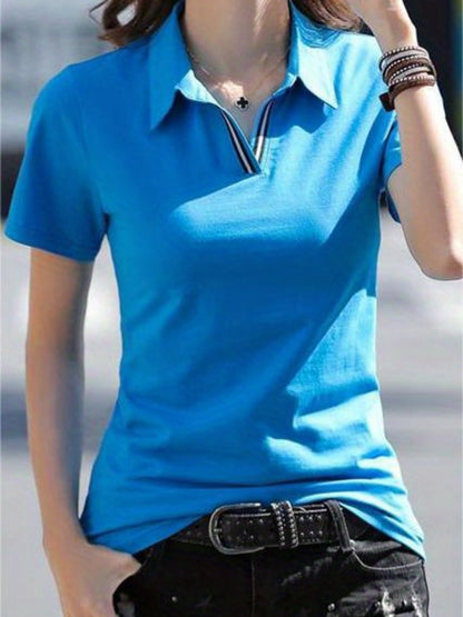 Women'S Casual V-Neck T-Shirt - Summer Short Sleeve Solid Color Top with Striped Collar & Waist Ribbon Detail, Machine Washable Regular Fit for Casual Attire, Comfortable Daily Tee, Stylish Ribon Detail, Smooth Fabric Tee