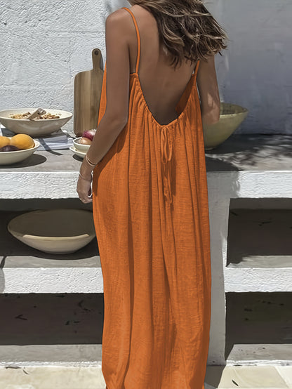 Plus Size - Plus Size - 2026 New Women'S Camisole Backless Loose Long Home Wear Dress | Beach Skirt Swimsuit, V-neck, Sleeveless, Medium Stretch Fabric, Random Print, Straight Hem, Elegant Style for Spring/Summer