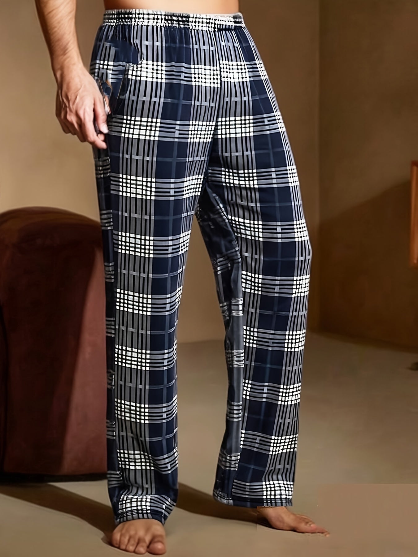 4pcs Set Spring Summer Men's New 4 Pairs Plaid Trousers Pajama Pants Men's Spring And Autumn Loose Can Be Worn 4 Pairs Combination Pc Lounge Pants Only One Side One Pocke