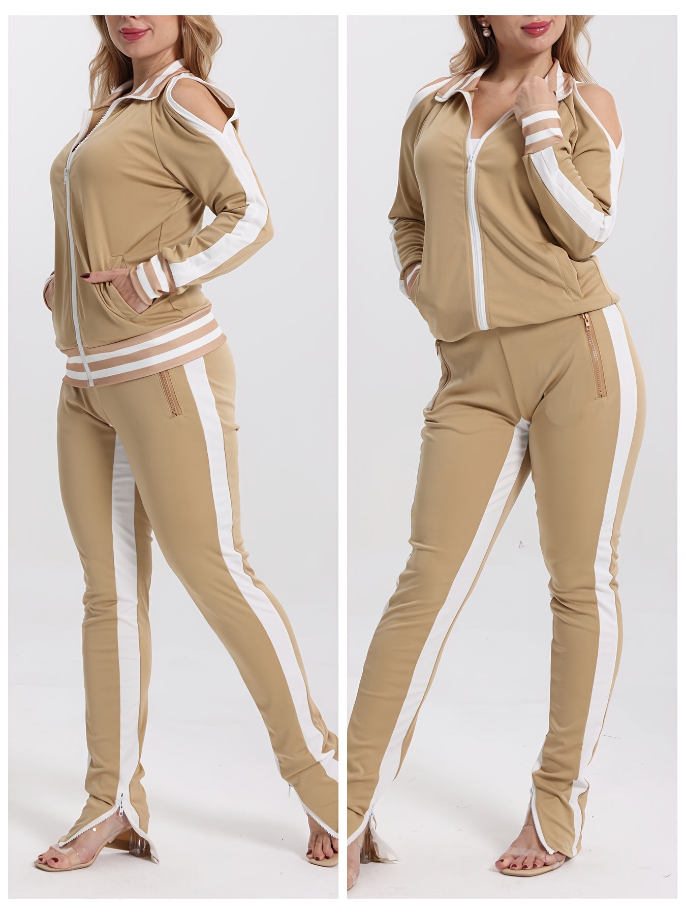 Women's 2pcs Athletic Tracksuit Set, Striped Contrast Shoulder Slit Top & Zipper Hem Sporty Pants, Activewear Lounge Set