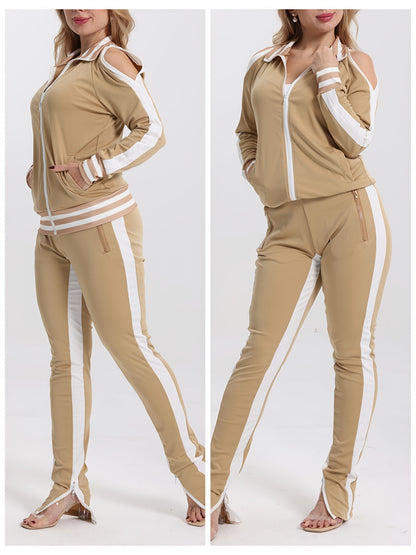 Women's 2pcs Athletic Tracksuit Set, Striped Contrast Shoulder Slit Top & Zipper Hem Sporty Pants, Activewear Lounge Set