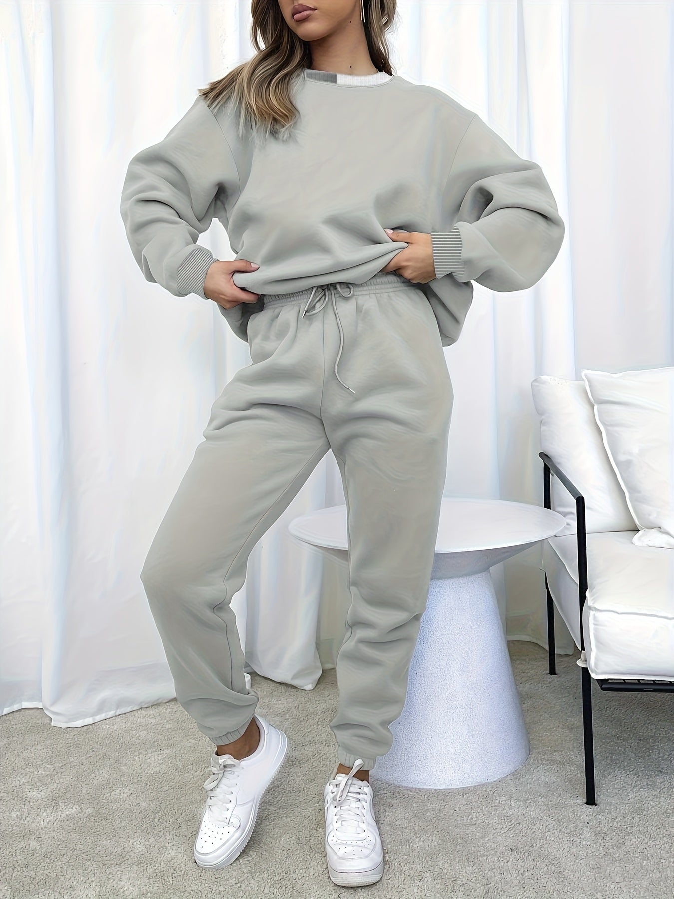 [Casual 2pcs Suit] Women's Casual Fashionable & Versatile 2pcs Suit | Autumn & Winter Solid Color Loose Pullover Sweatshirt + Elastic Waist Drawstring Pants