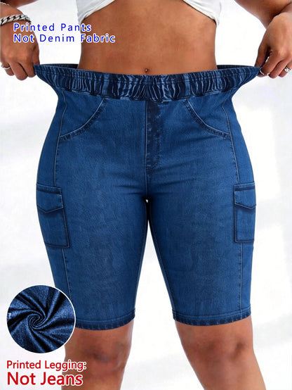 【imitation denim】Printed Pants- Non Denim Fabric 2026 Spring/Summer Hot Trend Non-Denim Base Tight Shorts with Full Elasticity, Retro Print, Suitable for Commuting and, Machine Washable
