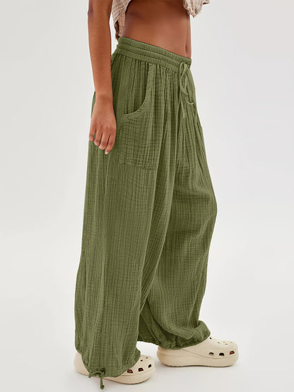 Autumn And Winter Women's Casual Pants, Khaki, Pockets, Wide Legs, Drawstring, Loose Fit, Everyday Commuting Wide-leg Pants.
