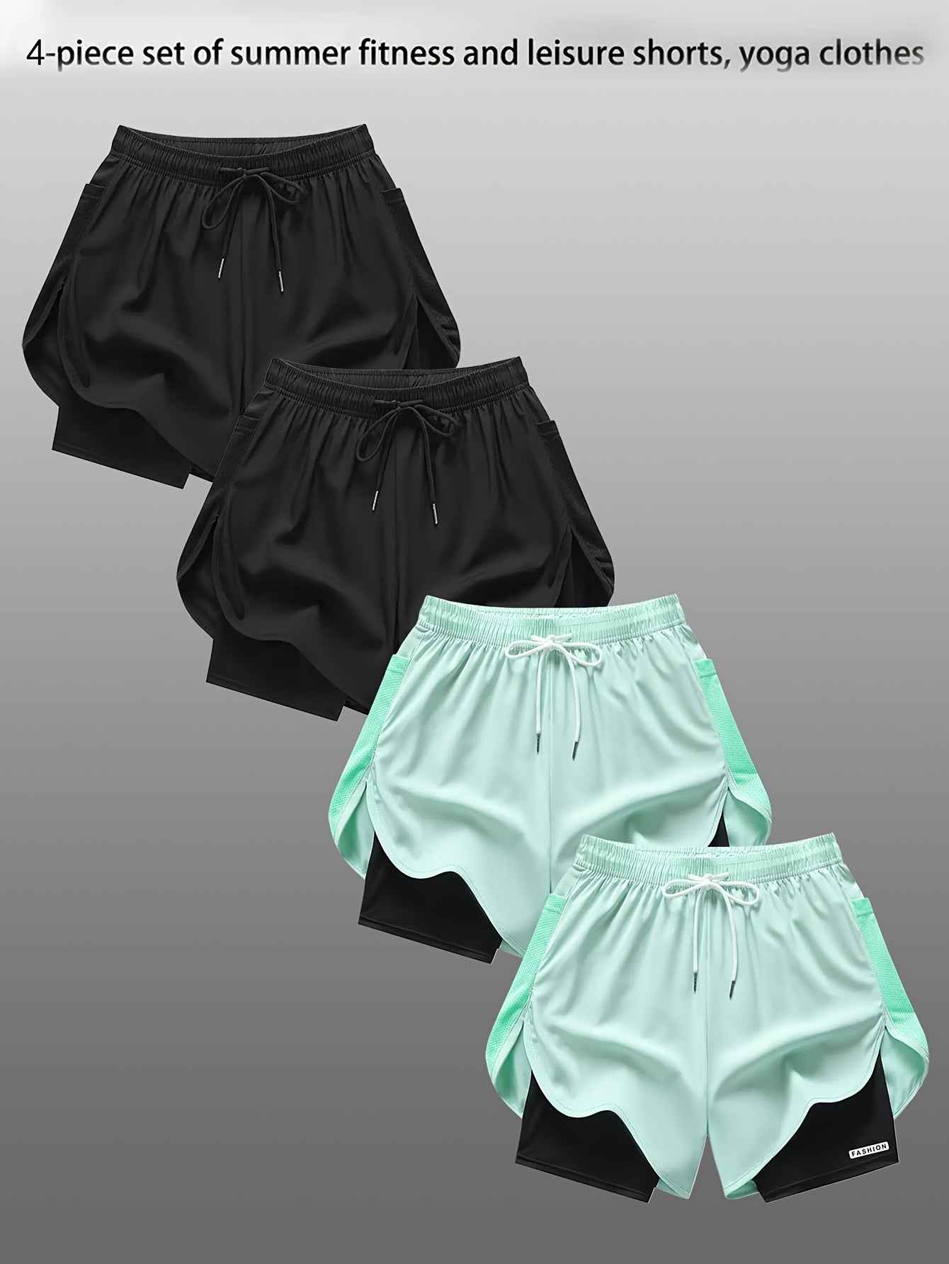 4pcs Summer Women's Casual Sports Shorts, Featuring A Two-piece Layering Design with Letters Suitable for Running And Casual Fitness, Come In Black, Gray, Green And