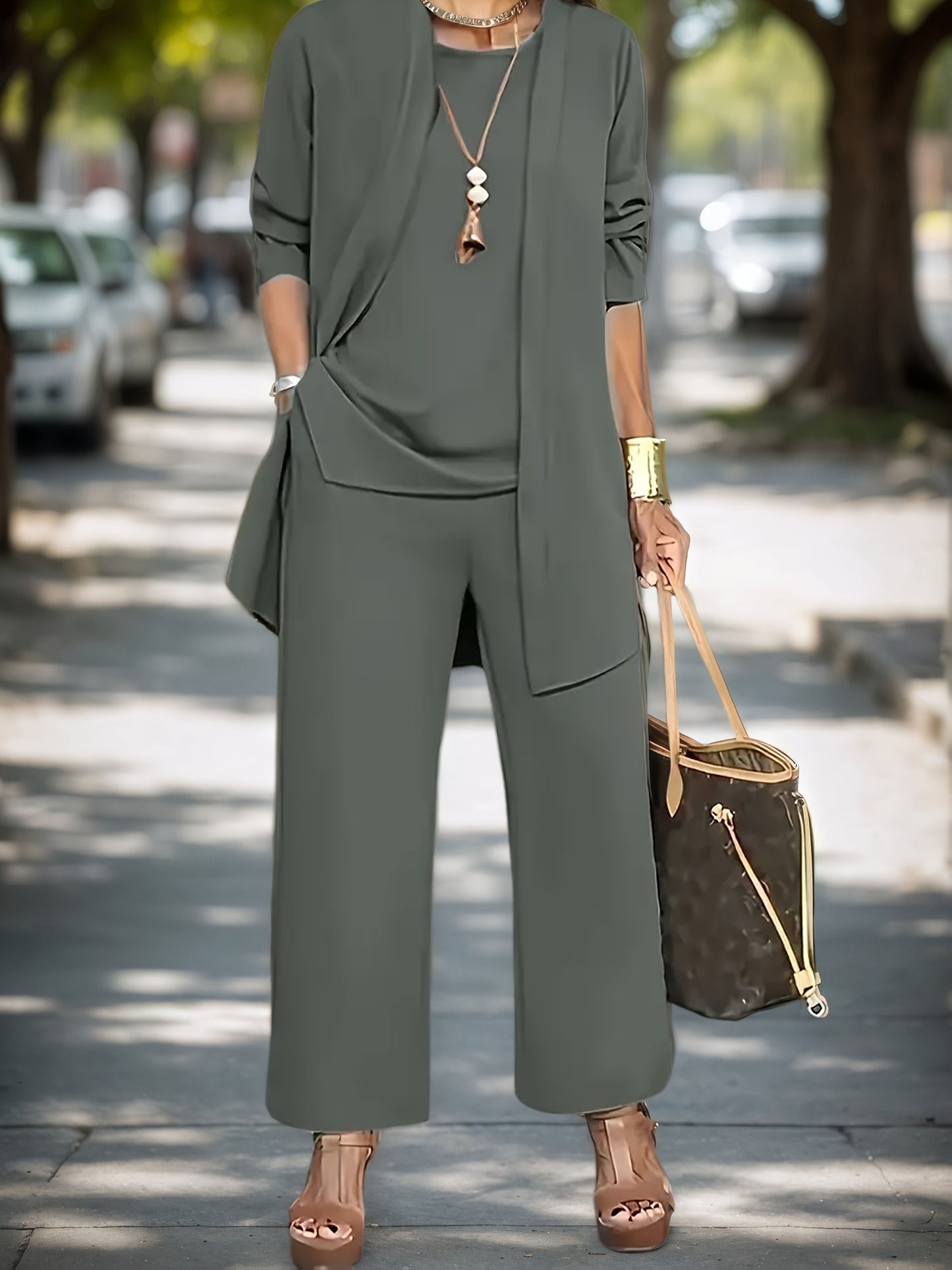 2025 New Stylish Women'S Solid Color Two-Piece Outfit - Crew Neck Blouse & Loose-Fitting Trousers, Stretchable Mix, Washable in Machine - Ideal for Spring And Autumn