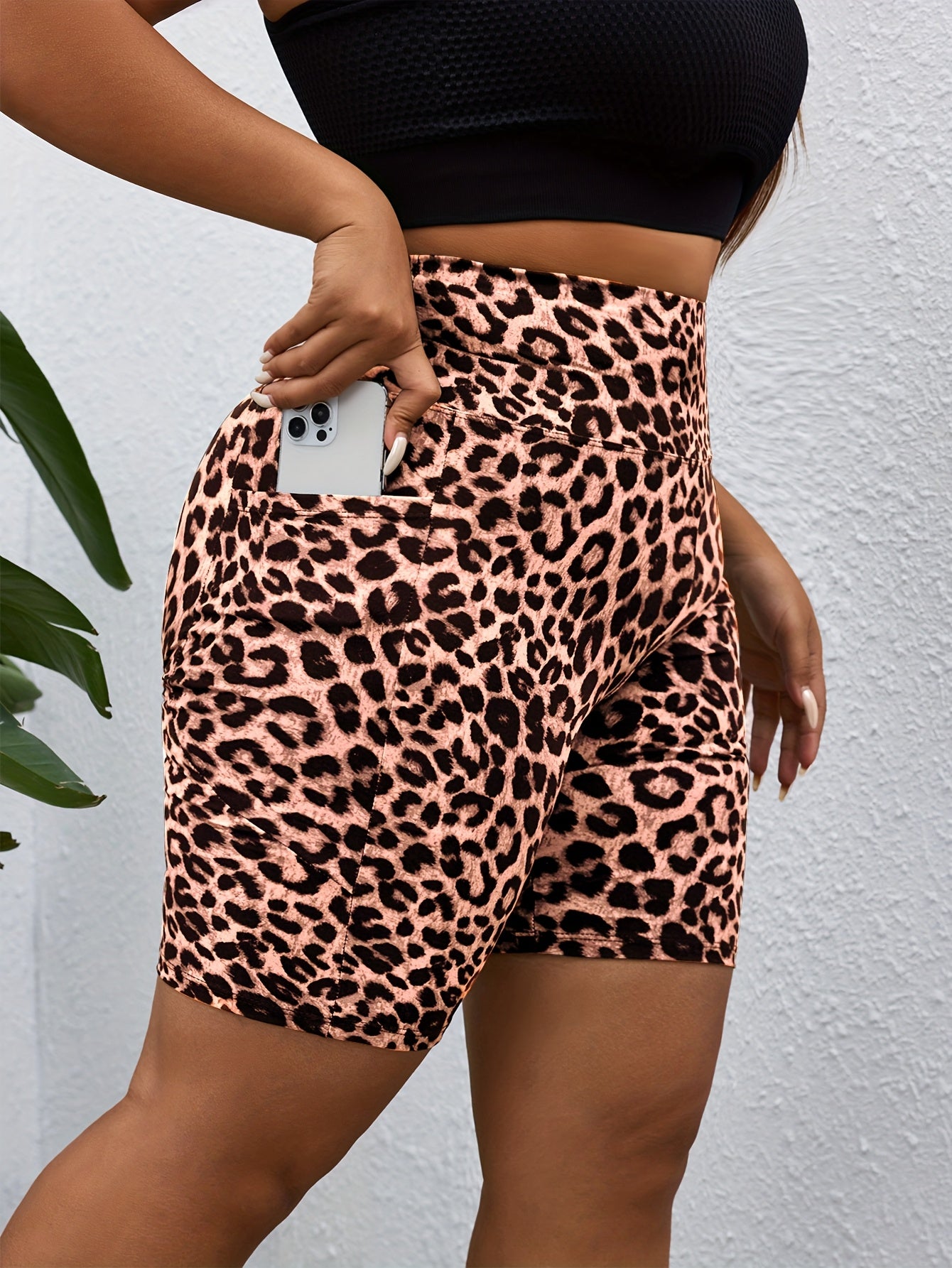 PLUS Size High Waist Leopard Print Sport Shorts With Side Pocket - Spring Summer New Arrivals