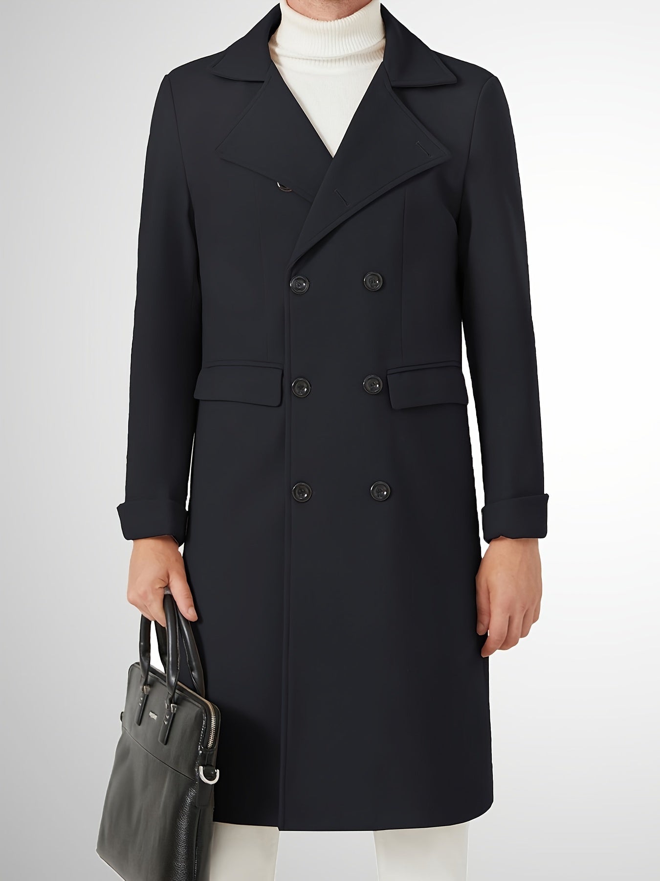 Men's Notch Lapel Long Trench Coat - Casual Insulated Winter Peacoat Classic Double Breasted Overcoat Solid Winter Coat -  Wool Blend - For Men - Suitable for Winter - Perfect Gift for Men