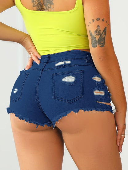 Women's Stretch Skinny Jeans Shorts - Mid-Rise Non-See-Through Denim Shorts with Distressed Hem/RIpped Details, Slim Fit Stretchy Shorts for Casual & Formal Outfits - Machine Washable Everyday Summer Shorts, Versatile Wardrobe Staple, Comfortable Fit, Fas