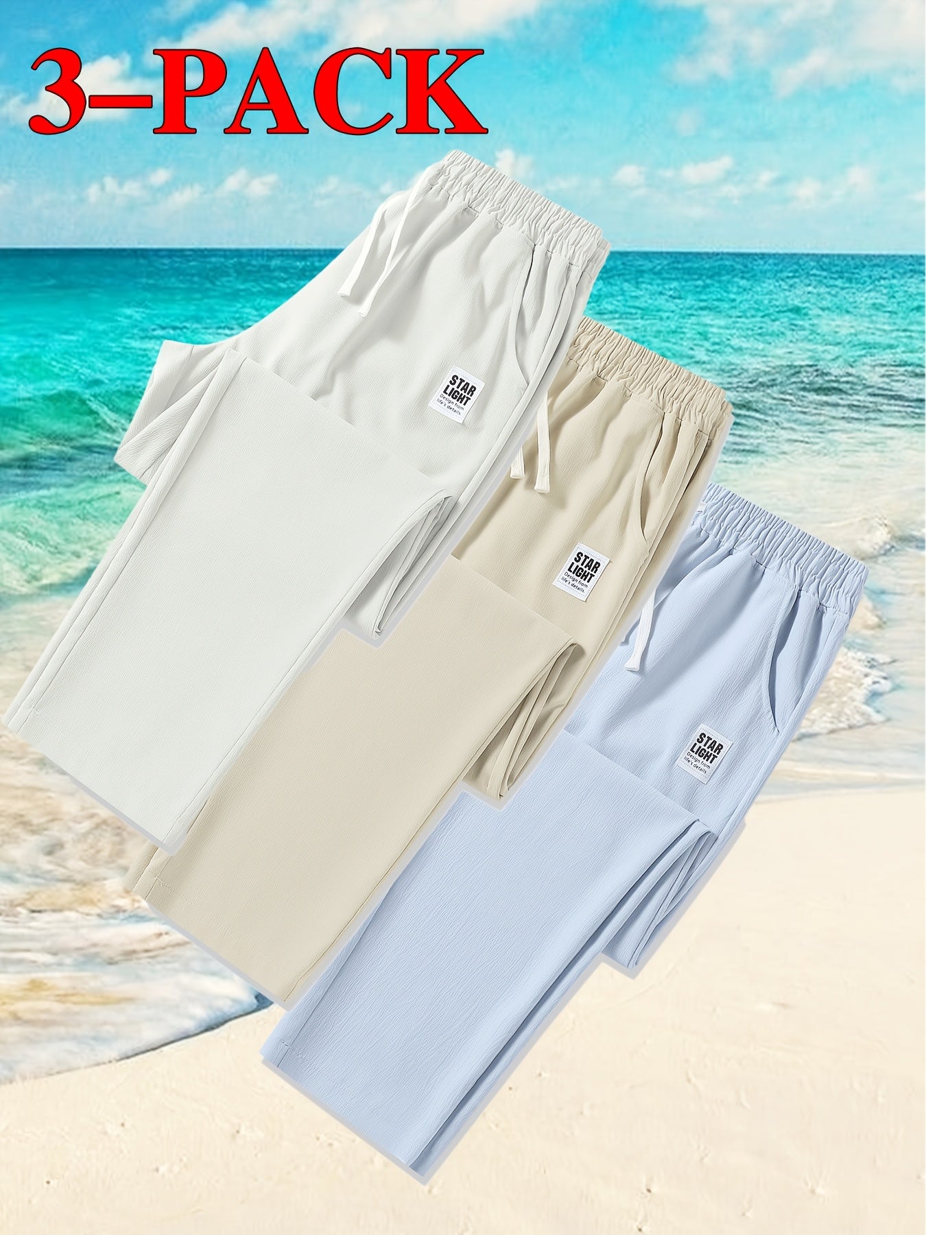 Men's 3pcs Casual Pants Lightweight Breathable Drawstring Waist Trousers for Beach, Vacation & Summer Daily Wear