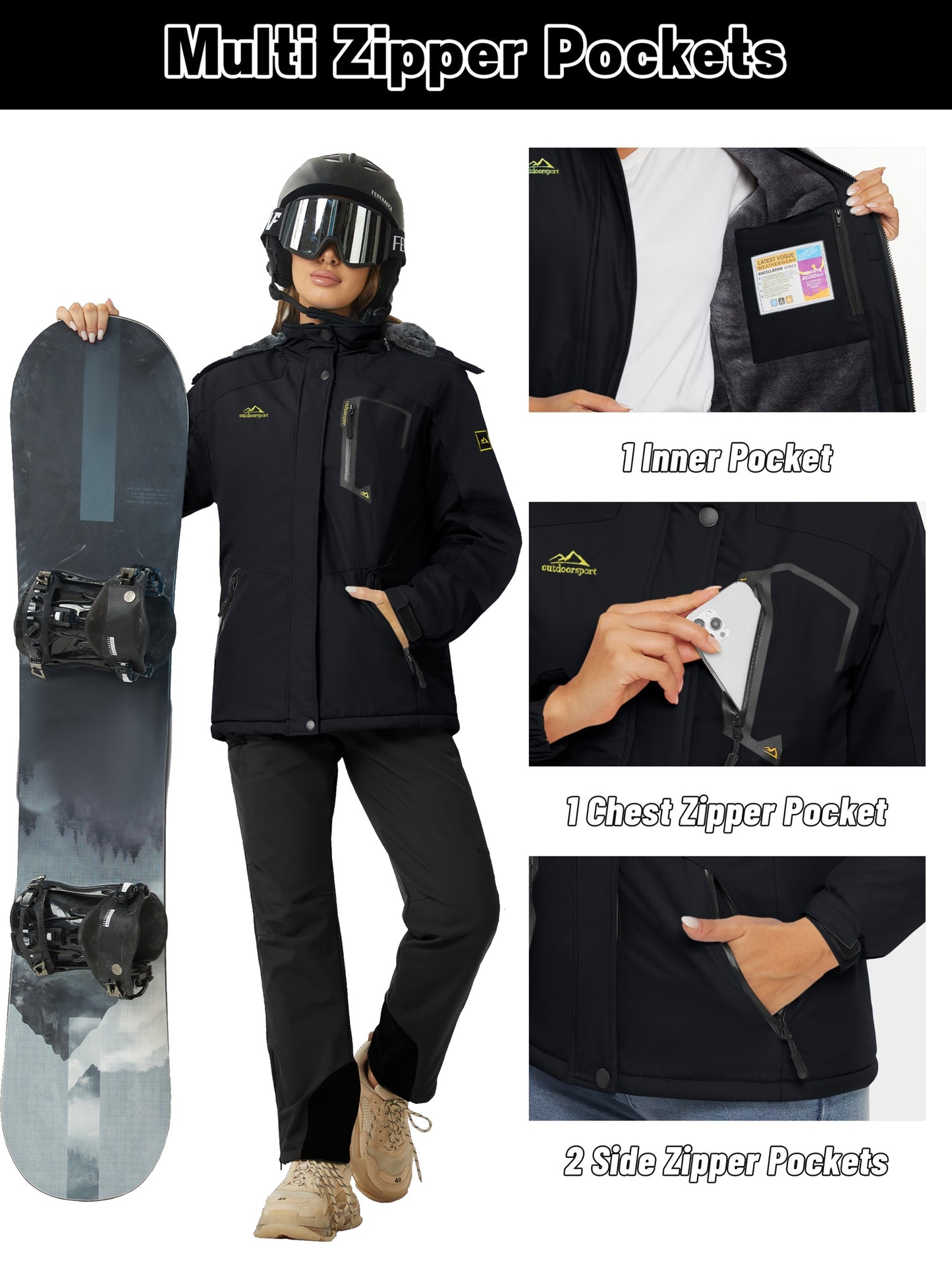 Women's Winter Ski Jacket - High Quality Soft-shell Hooded Jacket Windproof Detachable Hood Multi-pockets Warm Thickened Fleece Lined - Winter Outdoor Snow Sports Skiing Snowboarding Hiking Camping Daily Casual Wear Work Wear Rain Windbreaker