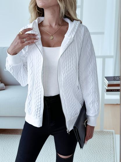 Women'S Casual Solid Zip-Up Hoodie - Fashionable Fall/Winter Long-Sleeve Outerwear, White Bomber Design, Textured Details, Casual Hoodie | Fashionable Zip-Up | Textured Detail Jacket