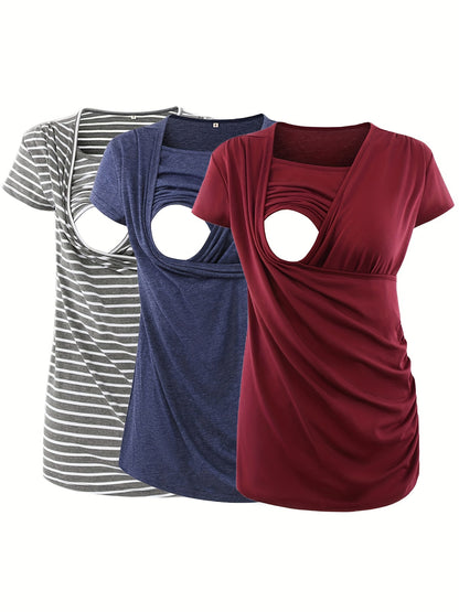 Set of 3 Women'S Short Sleeve Maternity Tops with Side Ruching for Breastfeeding