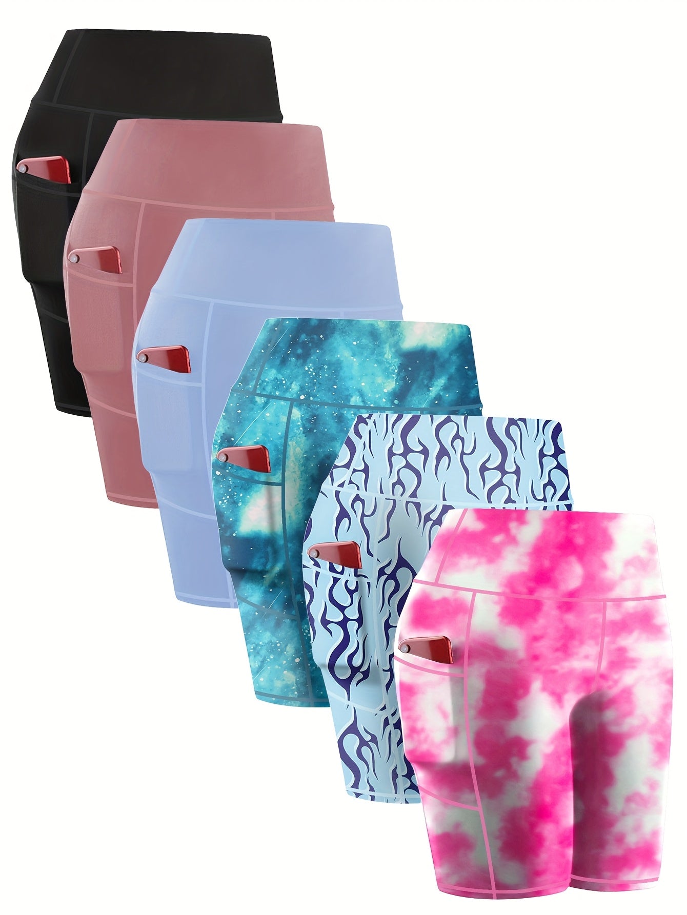 6-pack Large Size Sport Shorts For Women, Fashionable Casual Shorts, High-waist High-stretch Yoga Shorts, 5-inch Shorts With Phone Pocket