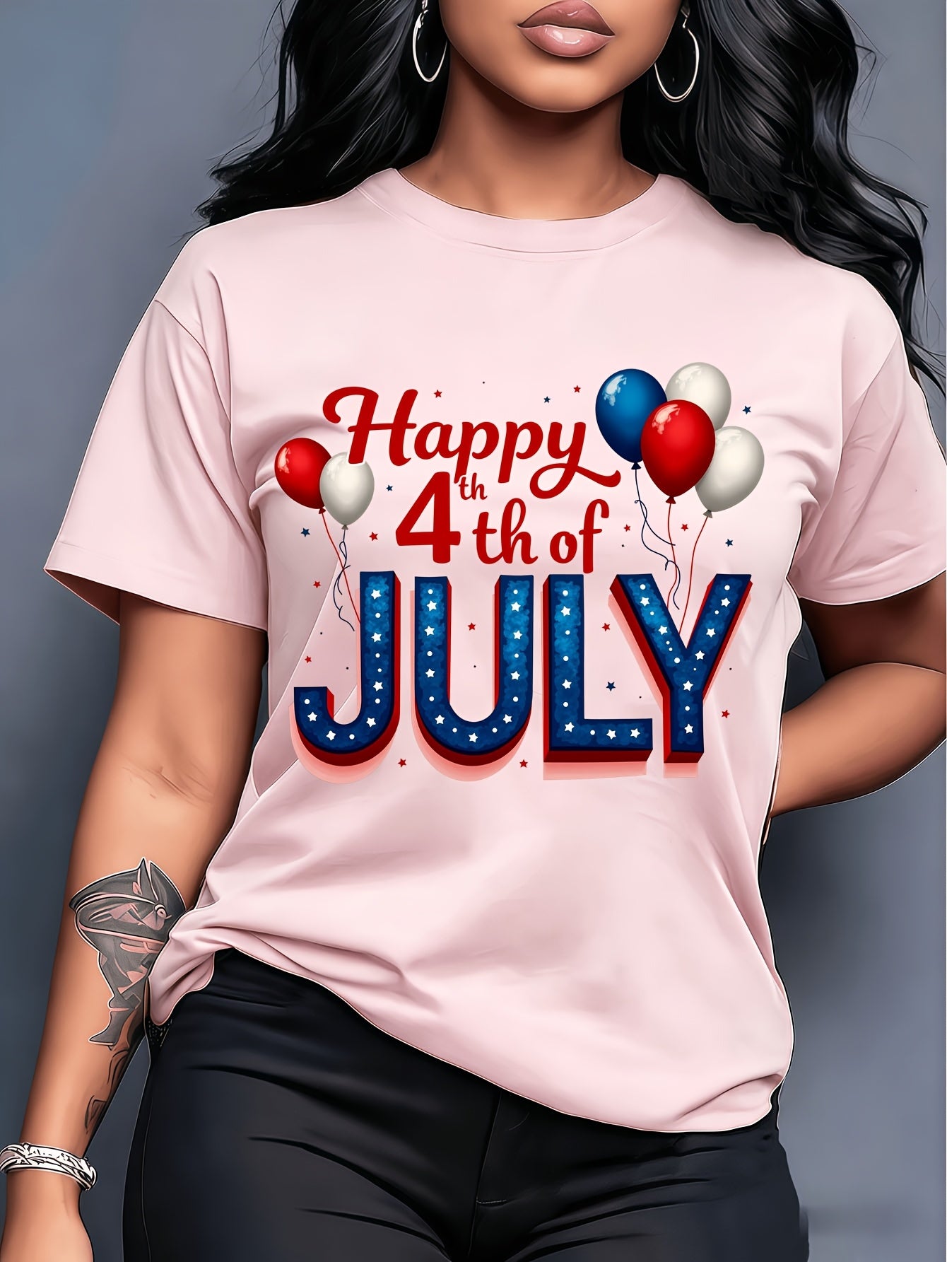 Plus Size - Plus Size - Plus Size - American Retro Style Happy 4Th of July Balloon Print Short-Sleeve T-Shirt, Fresh And Stylish, for Women, Spring And Summer, Casual And Versatile, Comfortable And Breathable, Machine Washable, Perfect for Home