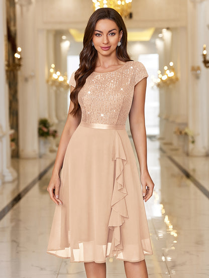 Y82016 Elegant Women's Glitter Sequin Chiffon A-Line Bridesmaid Dress with Cap Sleeves & Ruffled Hem - Sparkling Wedding Party Dress for Bridesmaids, Prom, Birthday, Formal Evening Gown - Machine Washable Chiffon
