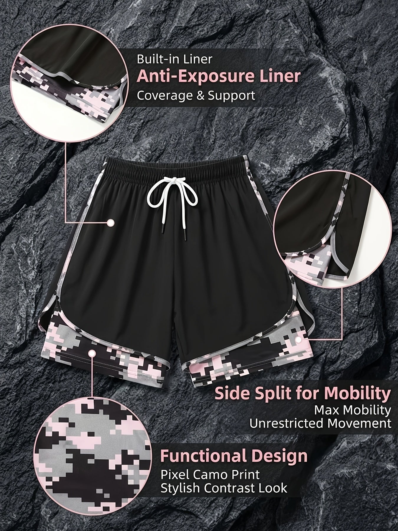 Three Pairs Of Women'S Summer Shorts, Double-layered, Two-in-one Design With Camouflage Pattern, Breathable And Quick-drying, Side Mesh Pockets, Non-stretch Fabric, Regular Fit, Side Pockets, And Casual Style, Free Bracelet Included.