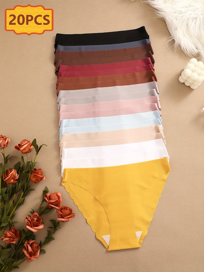 20pcs Set Of Seamless Wave Edge Triangle Pants with Solid Color Wave Edge Design, Breathable And Comfortable Underwear, Seamless And Elastic Triangle Pants, Daily Commuting Women's Underwear And Underwear