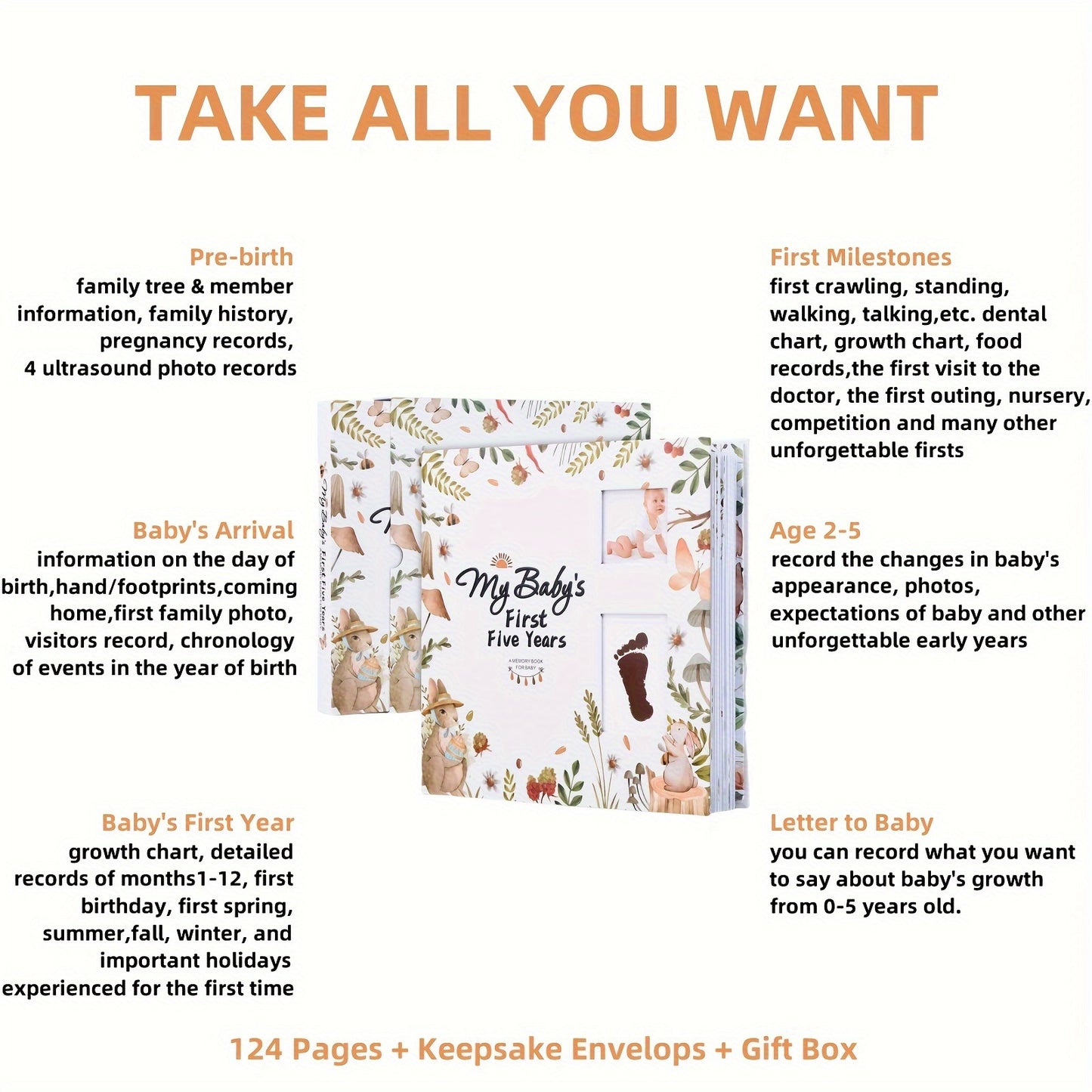 Modern Minimalism: A Memory Book for Male Or Female, 124 Pages, 9.96x9.84 Inches. The First Eternal 5-Year-Old Book, A Milestone Book That Records Every Event From Birth to 5 Years Old, Gender Neutral Journal, Scrapbook, Album