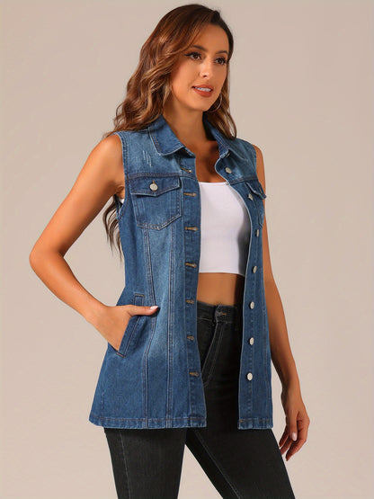 Women'S Denim Vest Sleeveless Button Waistcoat Casual Long Jean Vests