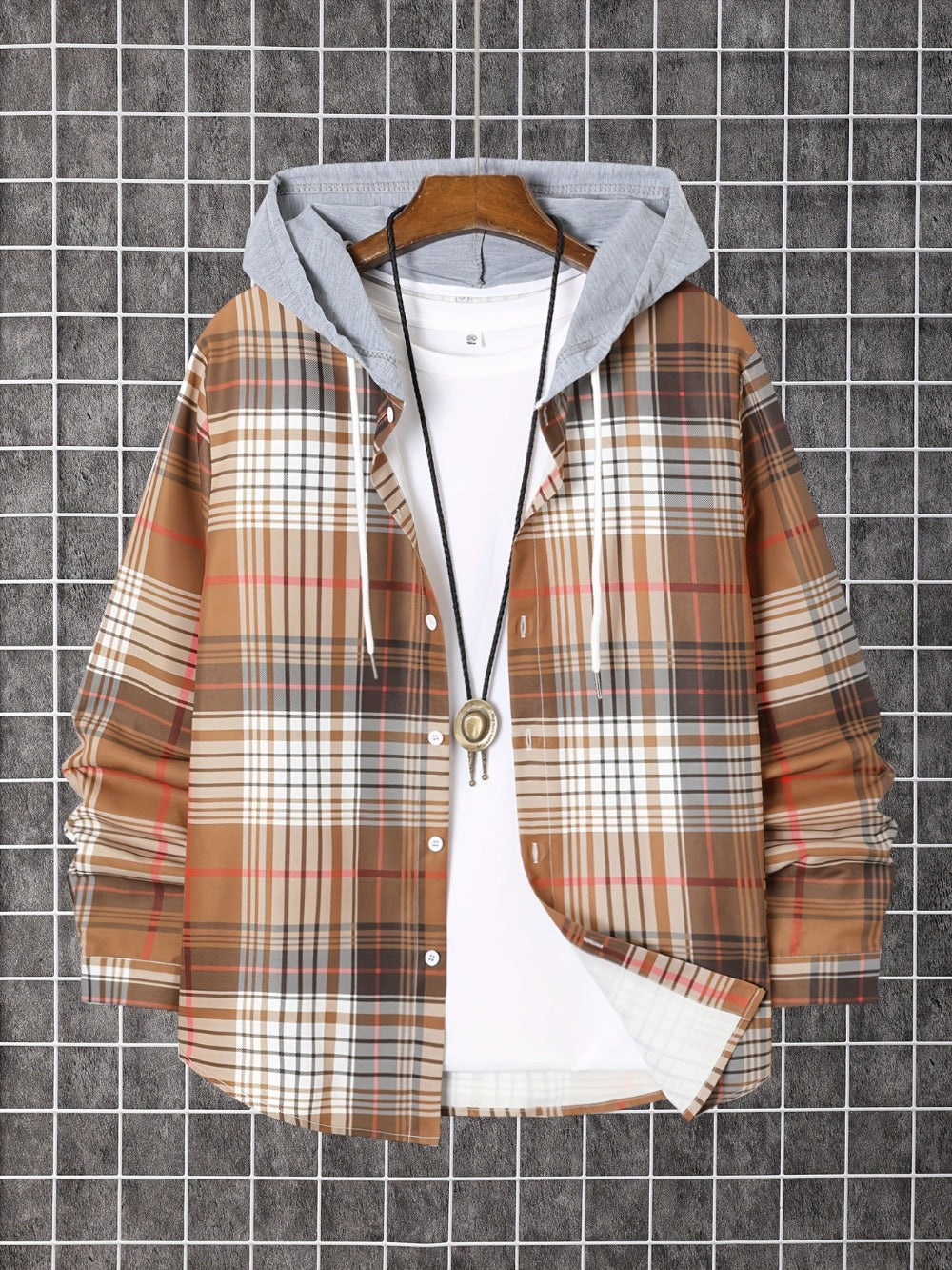 Men's Plaid Long Sleeve Hooded Shirt - Stretch