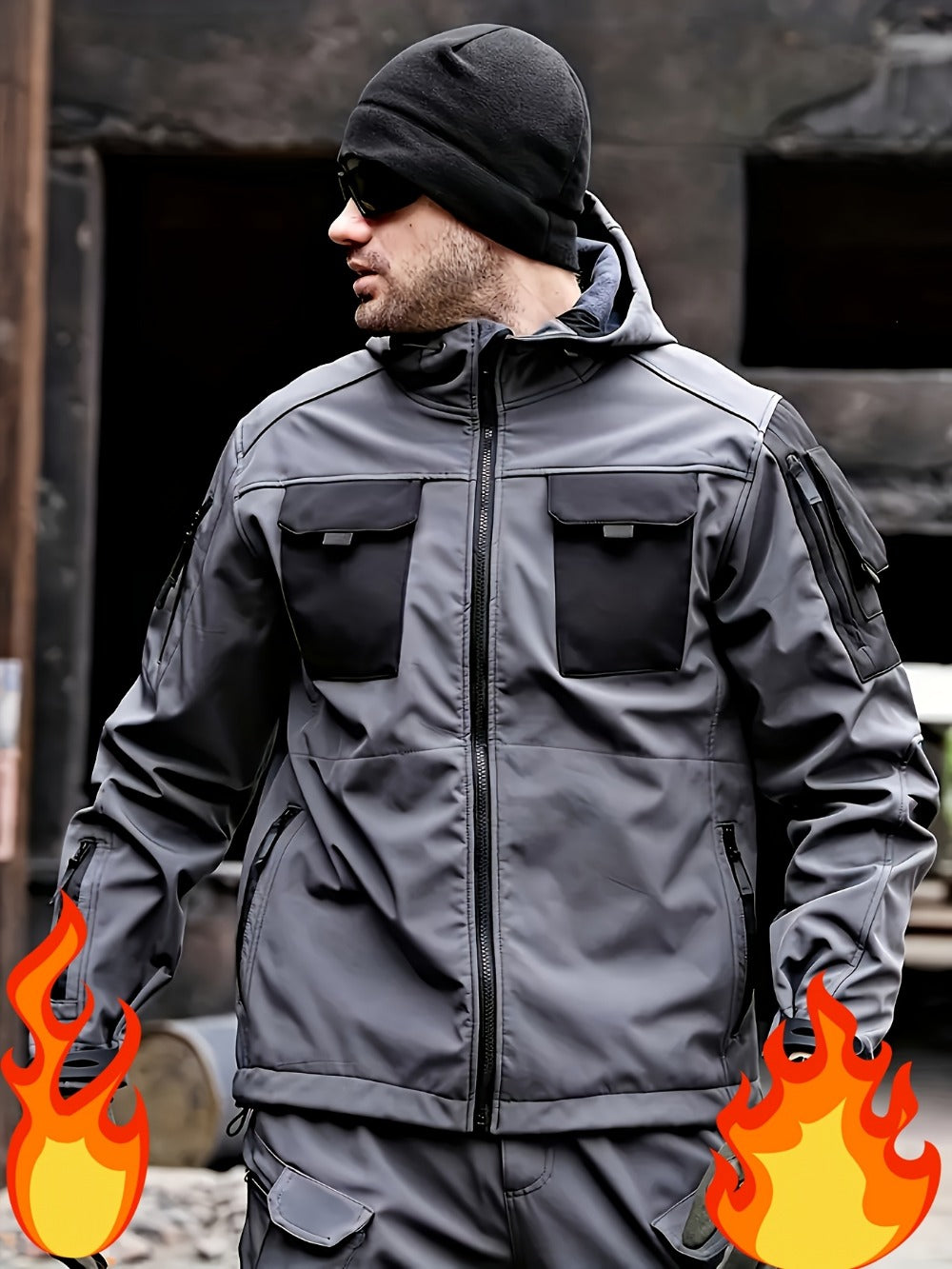 Men's Tactical Softshell Jacket - Hooded Multi-Pocket Windbreaker