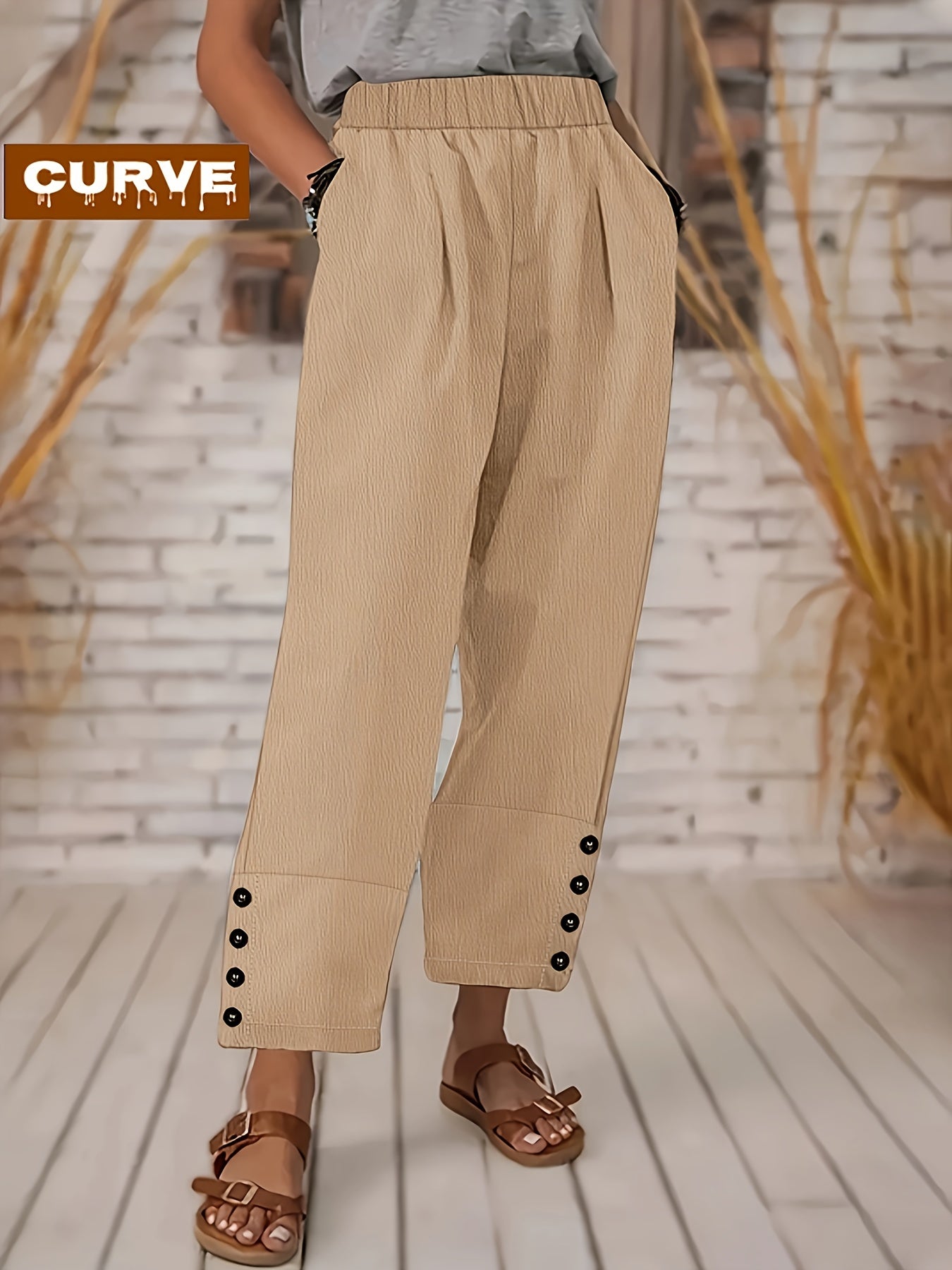 Plus Size - Spring, Summer And Autumn Large-sized Casual Trousers, Solid Color, Button Design, Elastic Waist, Pockets, Large-sized Women'S Harem Trousers For Casual Daily