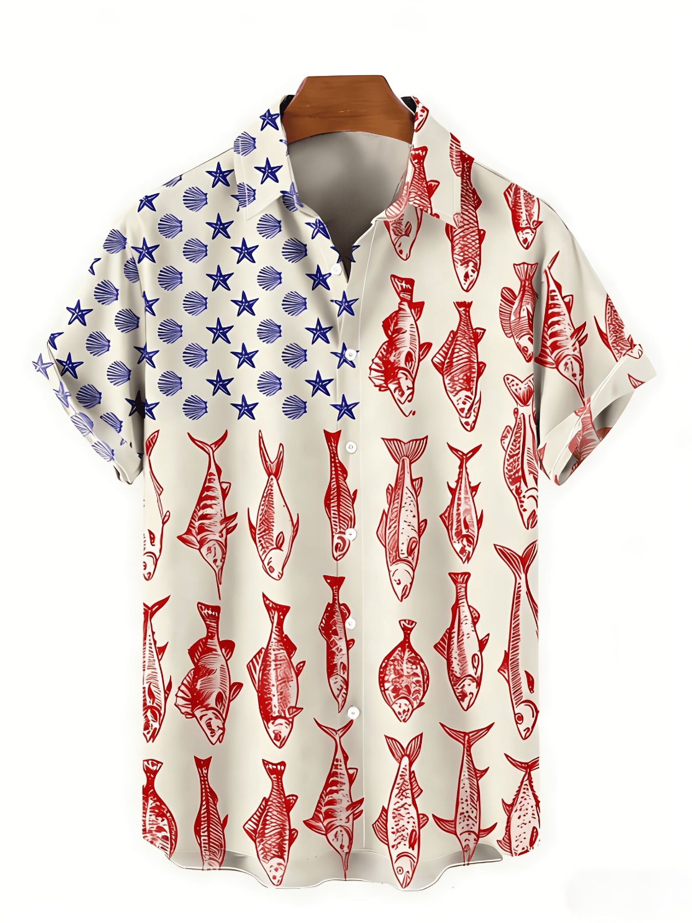 Fish Star Men'S Print Beach Shirt | Fishing-themed Short Sleeve Button-Up with American Flag Pattern and Red Fish Elements, Lightweight and Breathable Fabric, Casual Style, Perfect for Vacation and Street Style, Ideal Boyfriend Gift, Plus Size