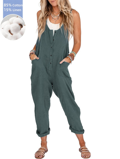 Women'S Overalls Linen Jumpsuits Loose Casual Jumpers with Pockets