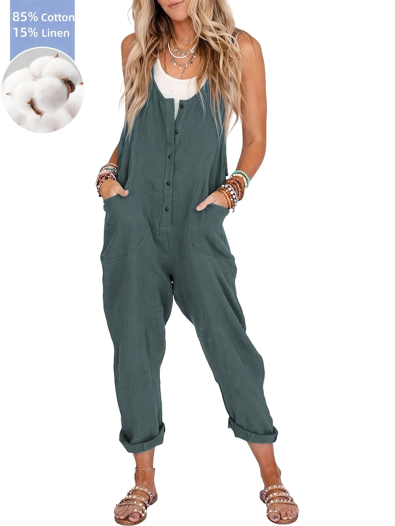 Women'S Overalls Linen Jumpsuits Loose Casual Jumpers with Pockets