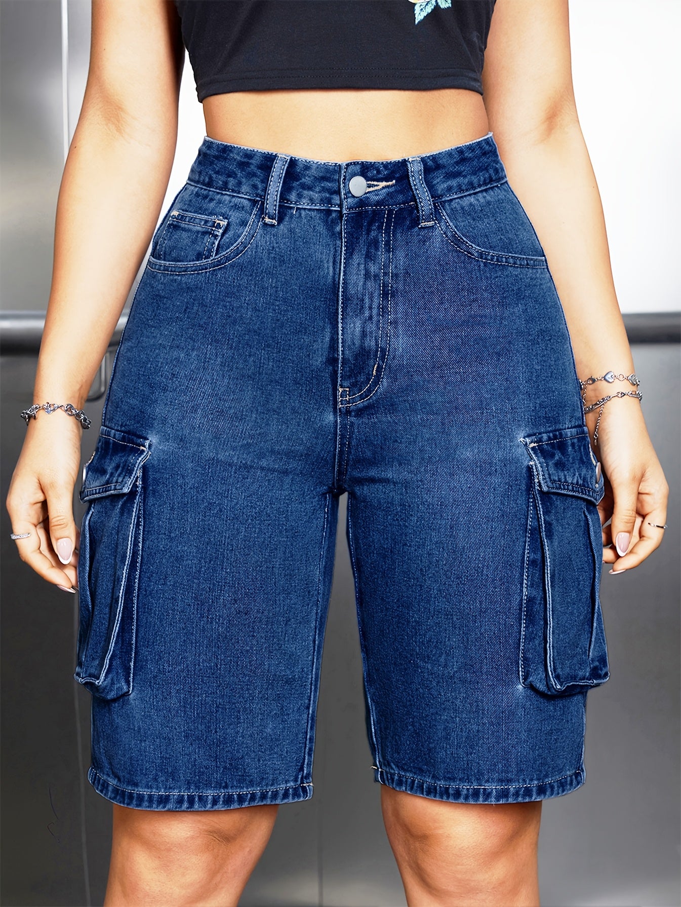 Women's Casual Washed Blue Denim Cargo Shorts with Flap Pockets - Stylish Knee-Length, Non-Stretch Fabric, Machine Washable, Utility Cargo Shorts for Spring/Summer, Everyday Utility Shorts | Kneelength Shorts | Machine Washable Denim