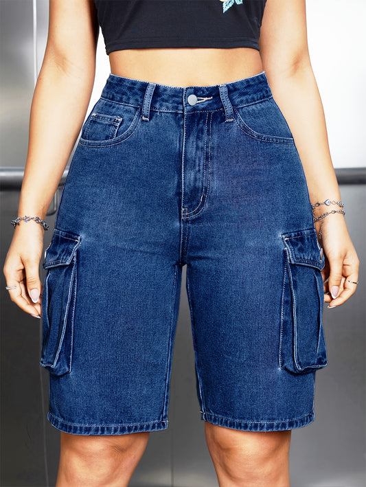 Women's Casual Washed Blue Denim Cargo Shorts with Flap Pockets - Stylish Knee-Length, Non-Stretch Fabric, Machine Washable, Utility Cargo Shorts for Spring/Summer, Everyday Utility Shorts | Kneelength Shorts | Machine Washable Denim