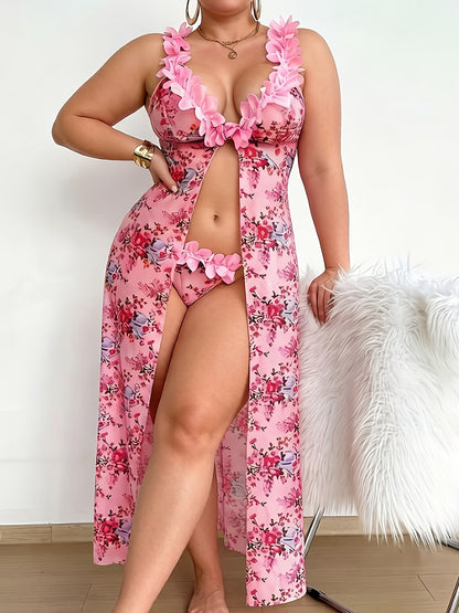 Plus Size Pink Three-Dimensional Petal Fun Set Floral Print Long High Slit Nightdress Beach Vacation Essential