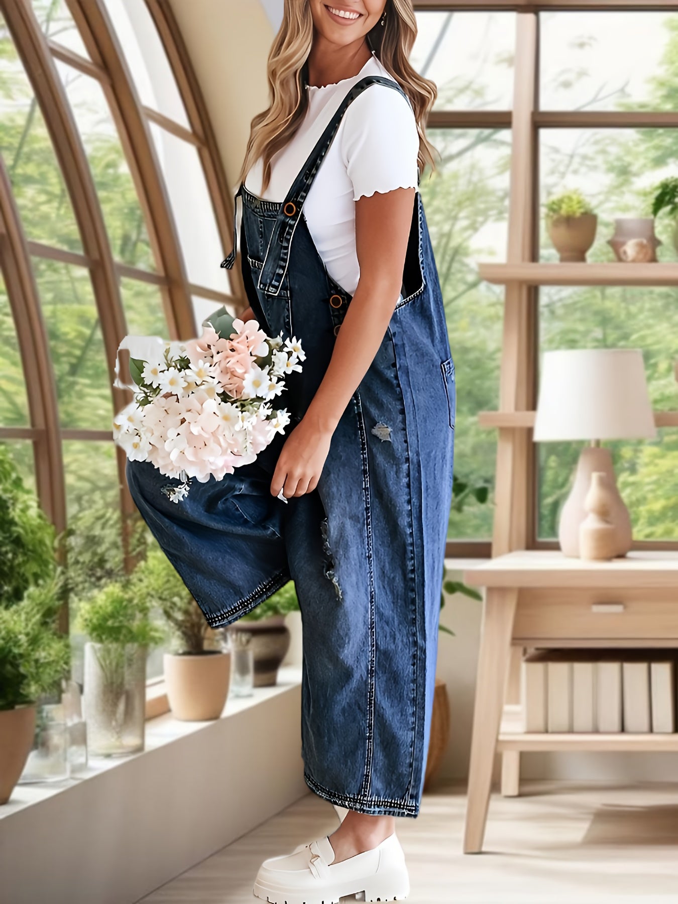Women's Casual Denim Overalls Loose Adjustable Strap Distressed Bib Jeans Overall Jumpsuits with Pocket