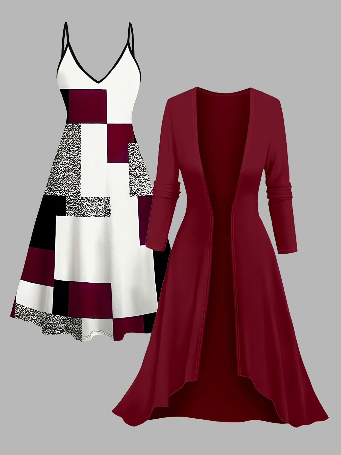 Two-piece Dress: Simple And Fashionable Printed Top Paired With A Collision Long Coat, Elegant Two-piece Suit, Women'S Dresses, Collision Women'S Dresses, Women'S Elegant Dresses, Women'S Dresses, Tiffany Size Dresses