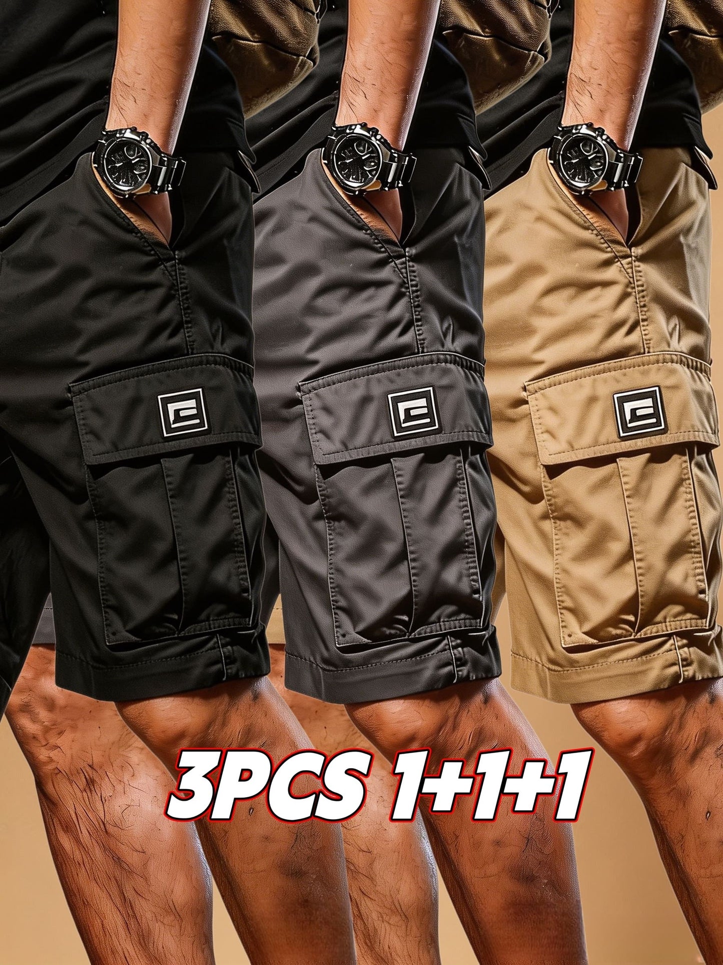 3-pc Men'S Summer Casual Sport Cargo Shorts with Drawstring And Multi-Pockets, for Outdoor Activities, Running, And Hiking, Ideal Gift for Men