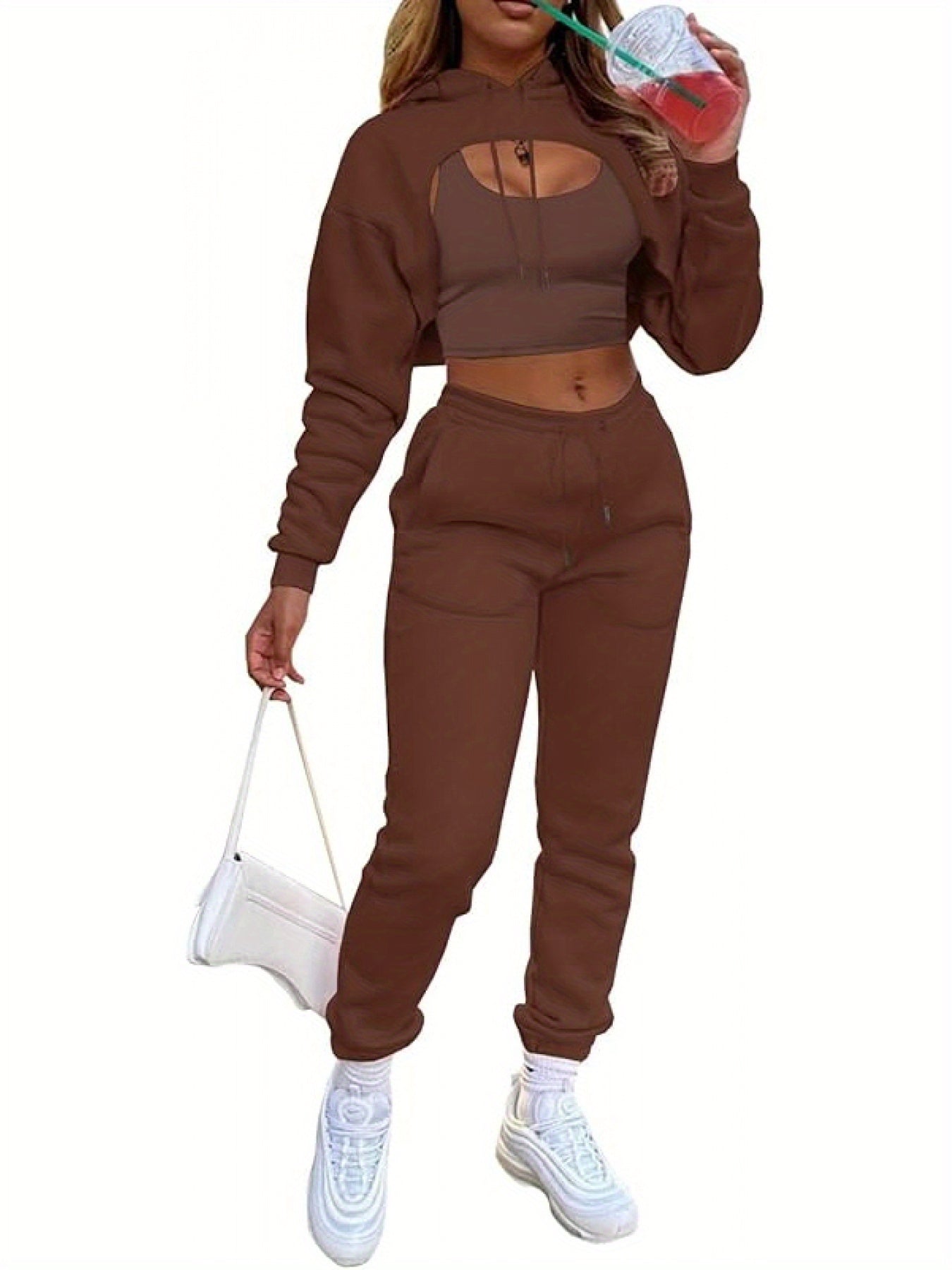 Women'S 3pcs Sweatsuits Sets Sexy Super Cropped Hoodie Tank Top And High Waisted Jogger Sweatpants Matching Loungewear Athleisure Outfits