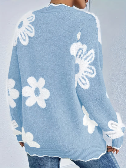 Plus Size - Plus Size - Plus Size - Women'S Plus Size V-Neck Sweater with Floral Pattern - Cozy Gray Long Sleeve Pullover, Casual Fall/Winter Wear, Relaxed Fit, Vneck Sweater