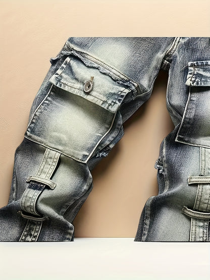 Streetwear, High-end Men's Motorcycle Jeans, Retro Blue Stretch Slim Fit Fashionable Men's Jeans