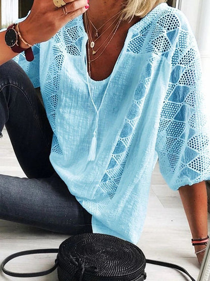 New U-Neck Lace Patchwork Top- Loose Three-Quarter Sleeve Design- Fashion Blouse
