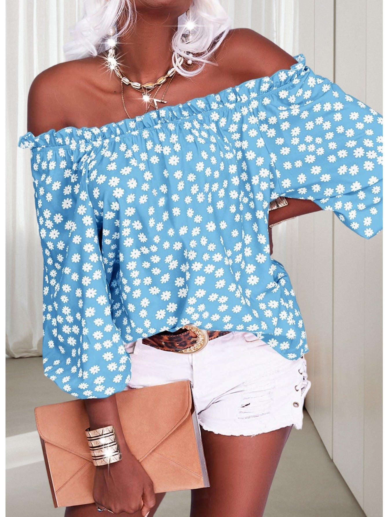Womens Summer Off Shoulder Blouse Floral Print 3/4 Sleeve Casual Chiffon Tops Shirts