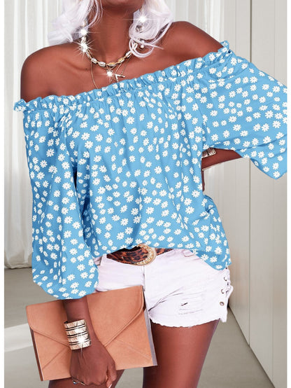 Womens Summer Off Shoulder Blouse Floral Print 3/4 Sleeve Casual Chiffon Tops Shirts