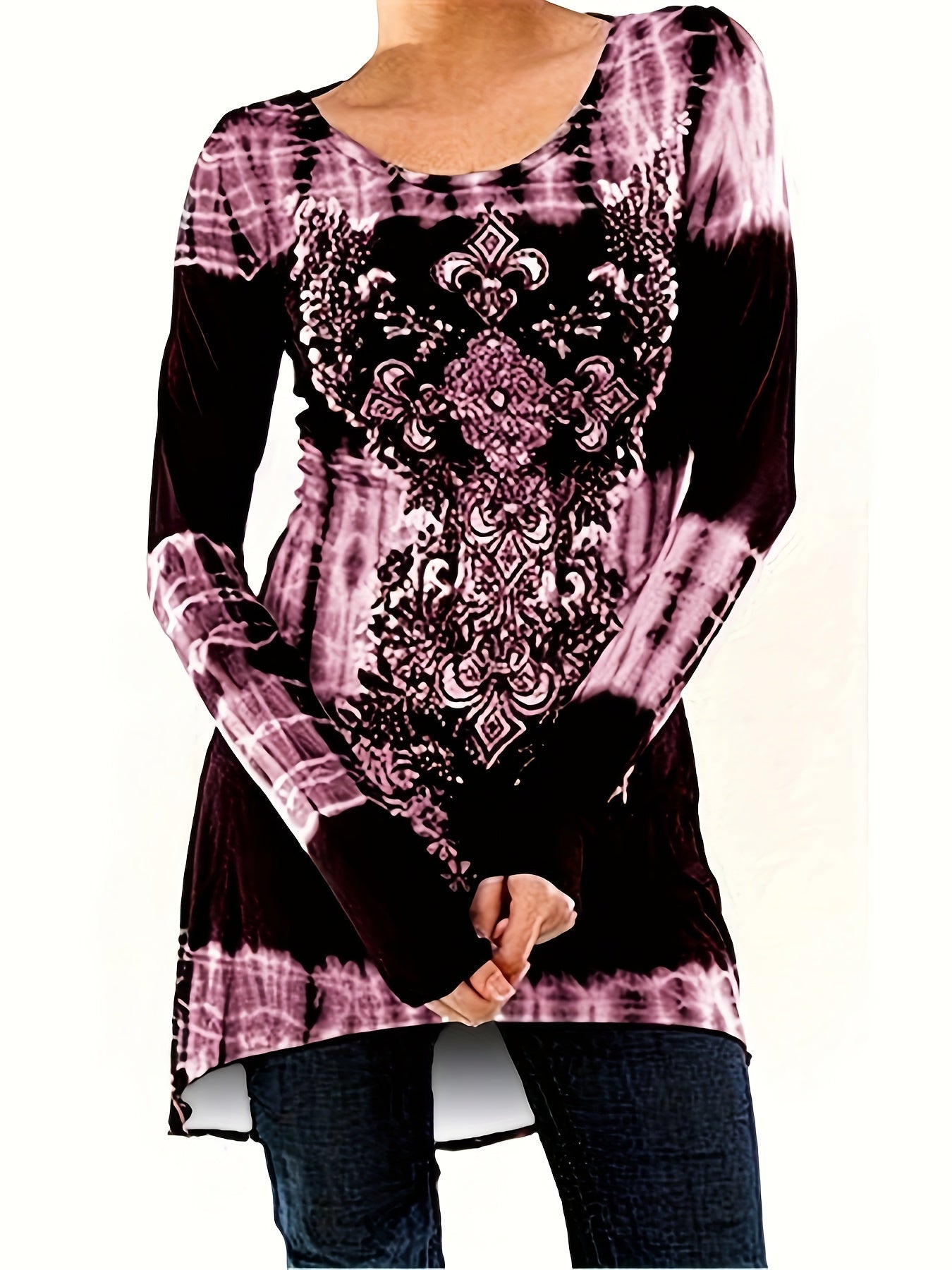 Plus Size, Plus Size Boho Top, Women's Plus Tie Dye Arabesque Print Long Sleeve Round Neck Slight Stretch Tunic Top