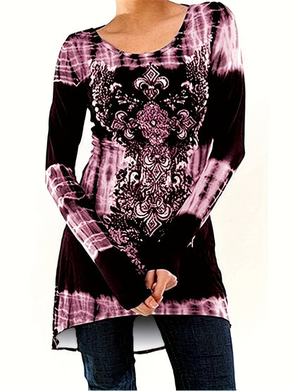 Plus Size, Plus Size Boho Top, Women's Plus Tie Dye Arabesque Print Long Sleeve Round Neck Slight Stretch Tunic Top