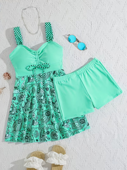 Women'S Tropical Print Swimwear Dress Two-Piece Separate Tankini Set | Featuring Off the Shoulder Spaghetti-Strap Top and Flirty Ruffled Skirt, Ideal for Beach Vacations, Pool Parties, Cruise Trips, Spring/Summer Swimming Getaways