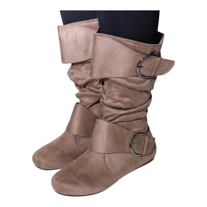 Women's Closed Round Toe Buckle Slouch Flat Heel Mid-Calf Boot