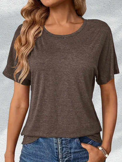 4pcs Women's Casual Rayon Short Sleeve T-Shirts- Pink, Olive Green, Dark Gray, and Brown Solid Color Crew Neck Tops, Machine Washable Four Seasons Comfortable Version, Women's T-Shirts