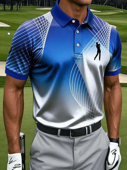 Men's Casual Sports Short Sleeve, Mesh Lines and Golf Pattern Print, Polyester Fabric Machine Washable, Breathable Regular Fit, Suitable for Daily Casual Sports Wear, PLUS SIZE