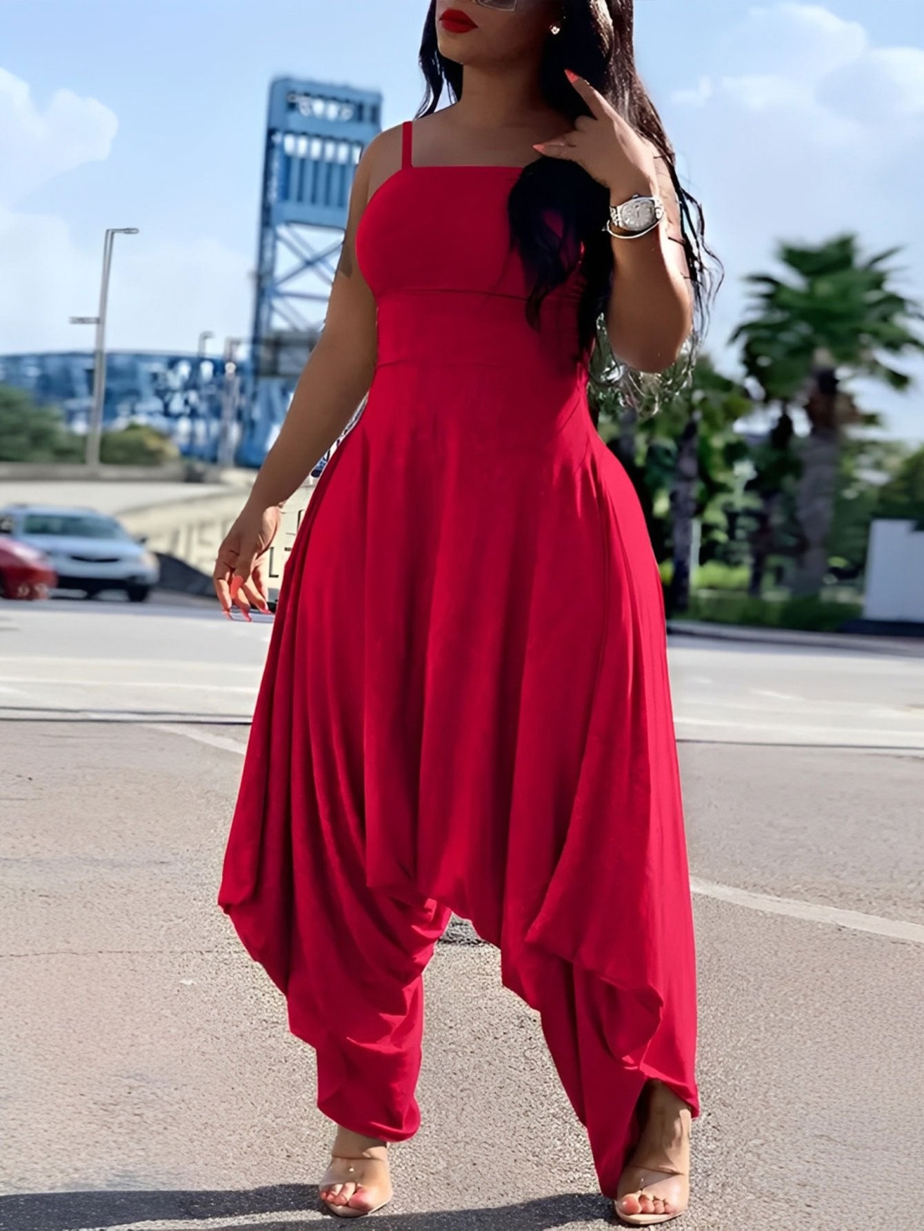 Women's Red Spaghetti Strap Jumpsuit - Square Neck & High Waist & Draped Harem Leg & Flowy Silhouette Detail | Bold Glamorous Fit for Date Nights & Summer Evening Events (Slim Bodice & Dramatic Draped Design) for Effortlessly Stunning Stylish Looks