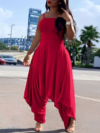 Women's Red Spaghetti Strap Jumpsuit - Square Neck & High Waist & Draped Harem Leg & Flowy Silhouette Detail | Bold Glamorous Fit for Date Nights & Summer Evening Events (Slim Bodice & Dramatic Draped Design) for Effortlessly Stunning Stylish Looks